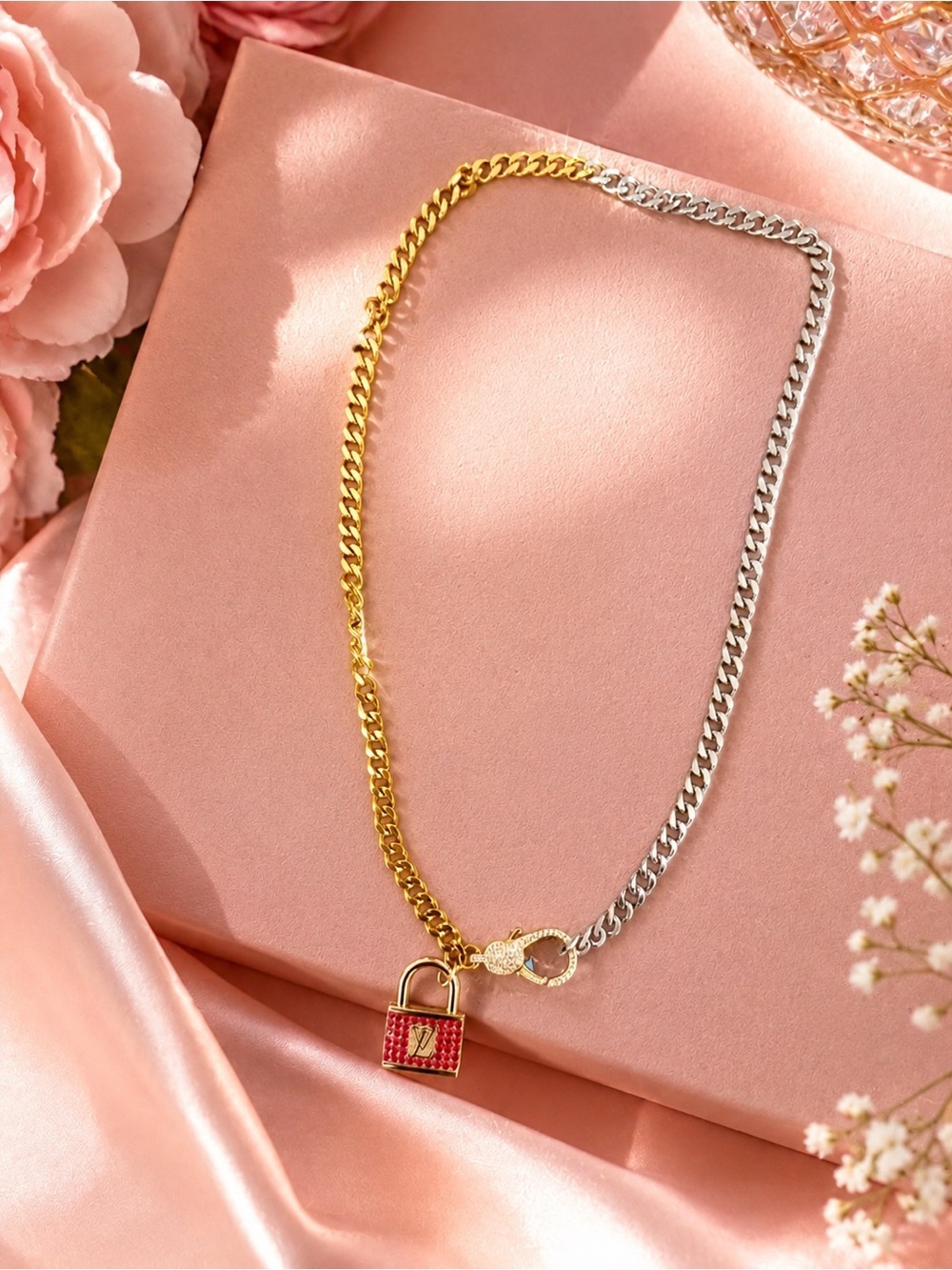 Padlock charm with Gold Silver Chain Necklace with Red Padlock Pendant